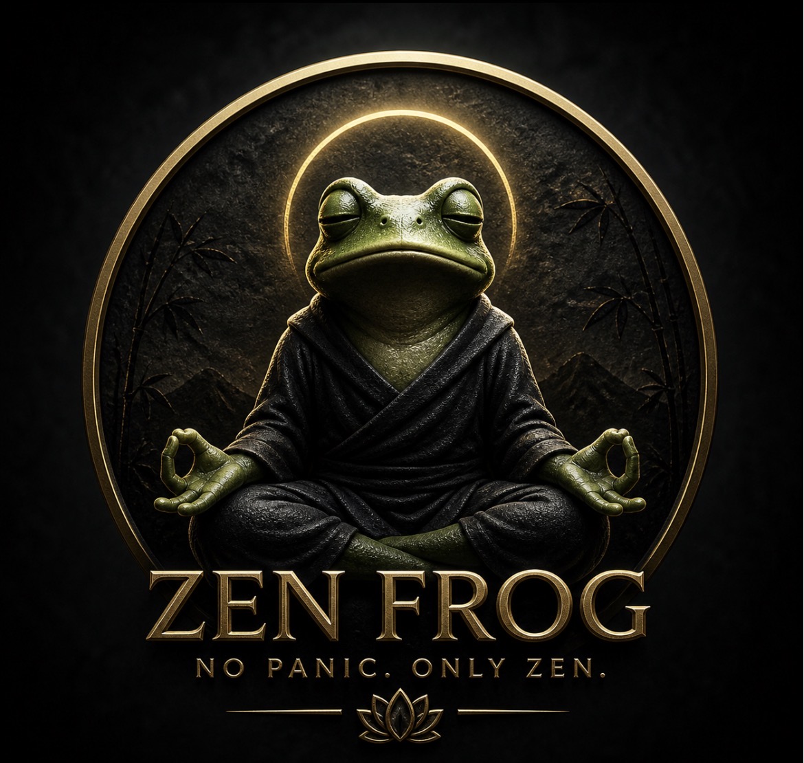 Zen Frog meditating in a golden halo — Zen Frog memecoin logo